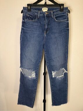 L'Agence High Line Distressed Skinny Jeans Size 29 Dark Wash Knee Rips Raw Hem